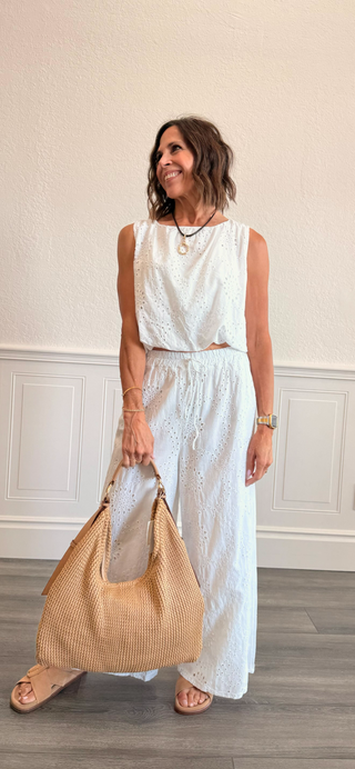 Elastic Waistband Wide Leg Eyelet Pants in White
