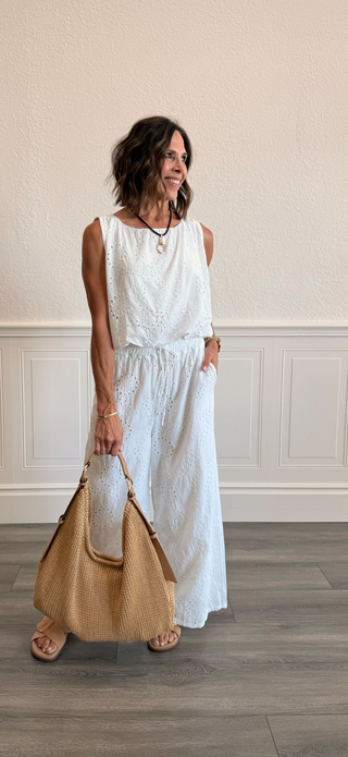 Elastic Waistband Wide Leg Eyelet Pants in White