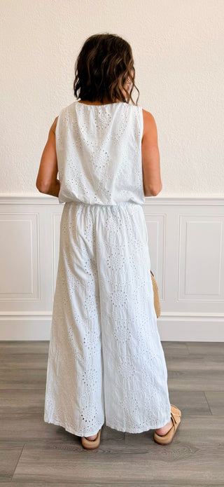 Elastic Waistband Wide Leg Eyelet Pants in White