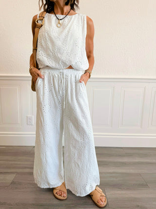 Elastic Waistband Wide Leg Eyelet Pants in White