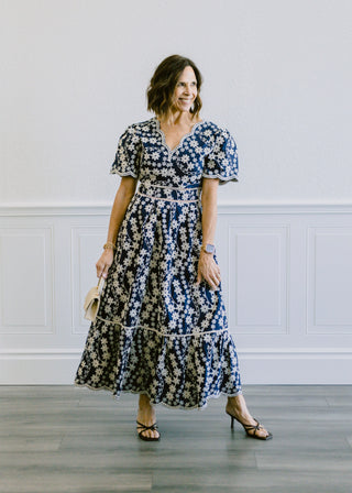 Embroidered Scallop Detail Dress in Navy