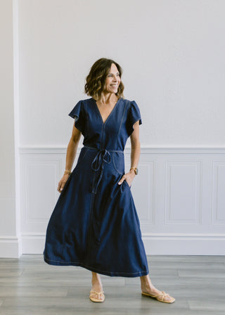 Flutter Sleeve Waist Tie Dress