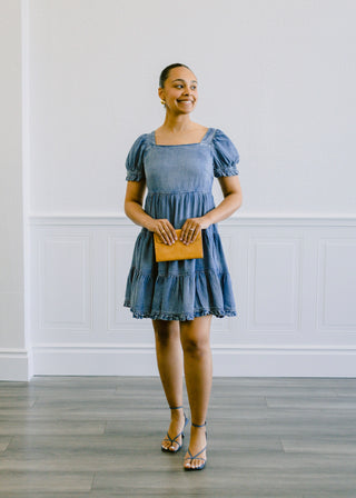 Washed Chambray Tiered Mini Dress