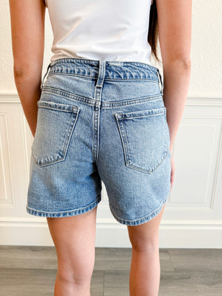 High Rise Waistband Cuffed Denim Shorts