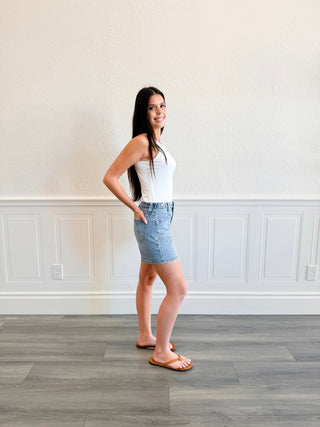 High Rise Waistband Cuffed Denim Shorts