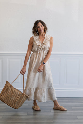 Ruffle Sleeveless Linen Midi Dress in Beige