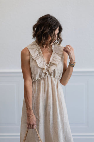 Ruffle Sleeveless Linen Midi Dress in Beige