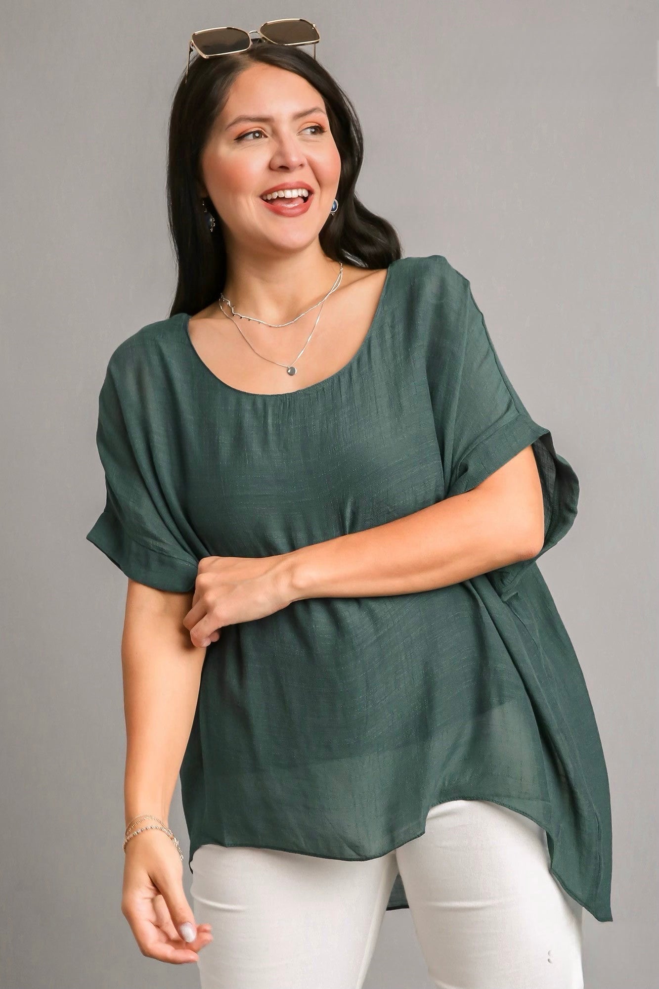 Curvy Short Dolman Sleeve Top in Seaweed