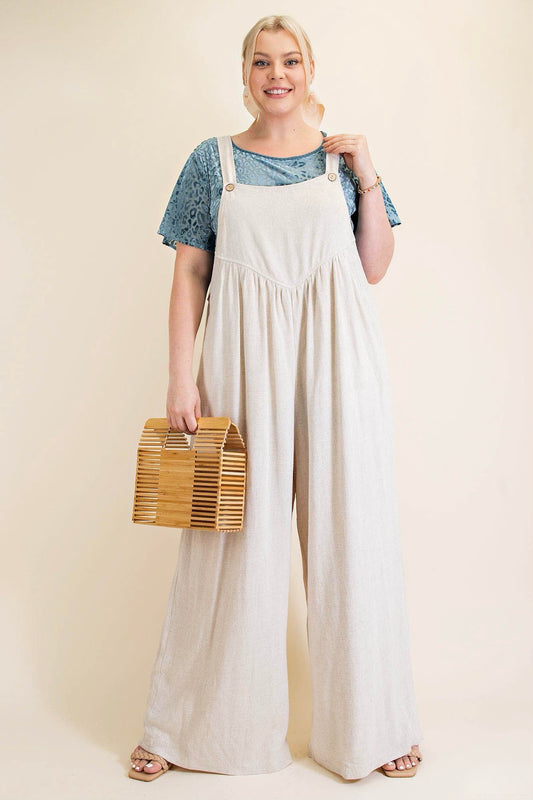 Curvy Shirring Deatil Overalls in Oatmeal