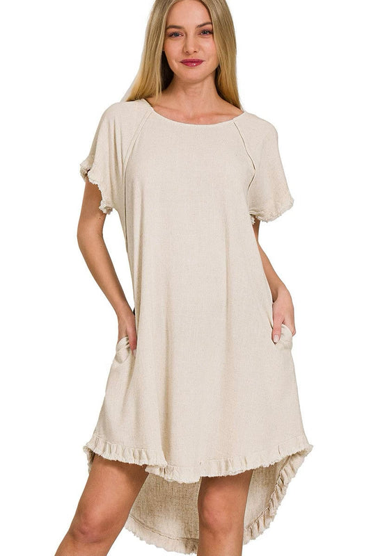 Linen Blend Fringe Edge Dress in Oatmeal