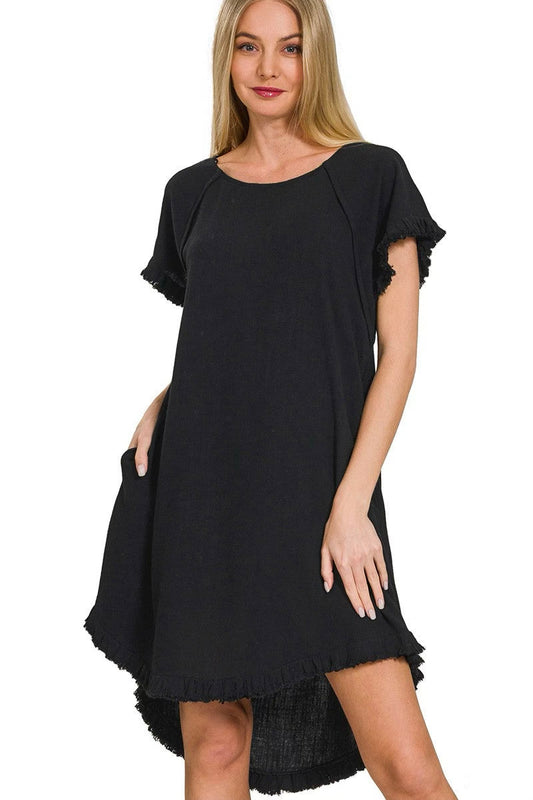 Linen Blend Fringe Edge Dress in Black