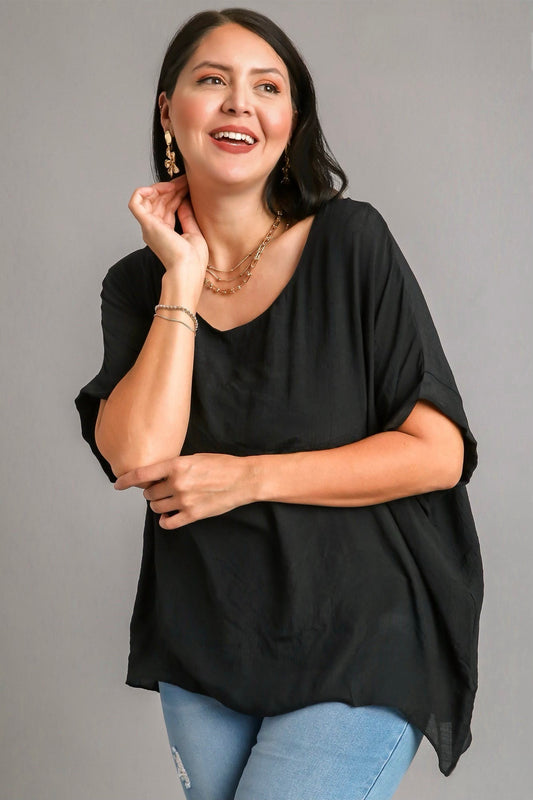 Curvy Short Dolman Sleeve Top in Black