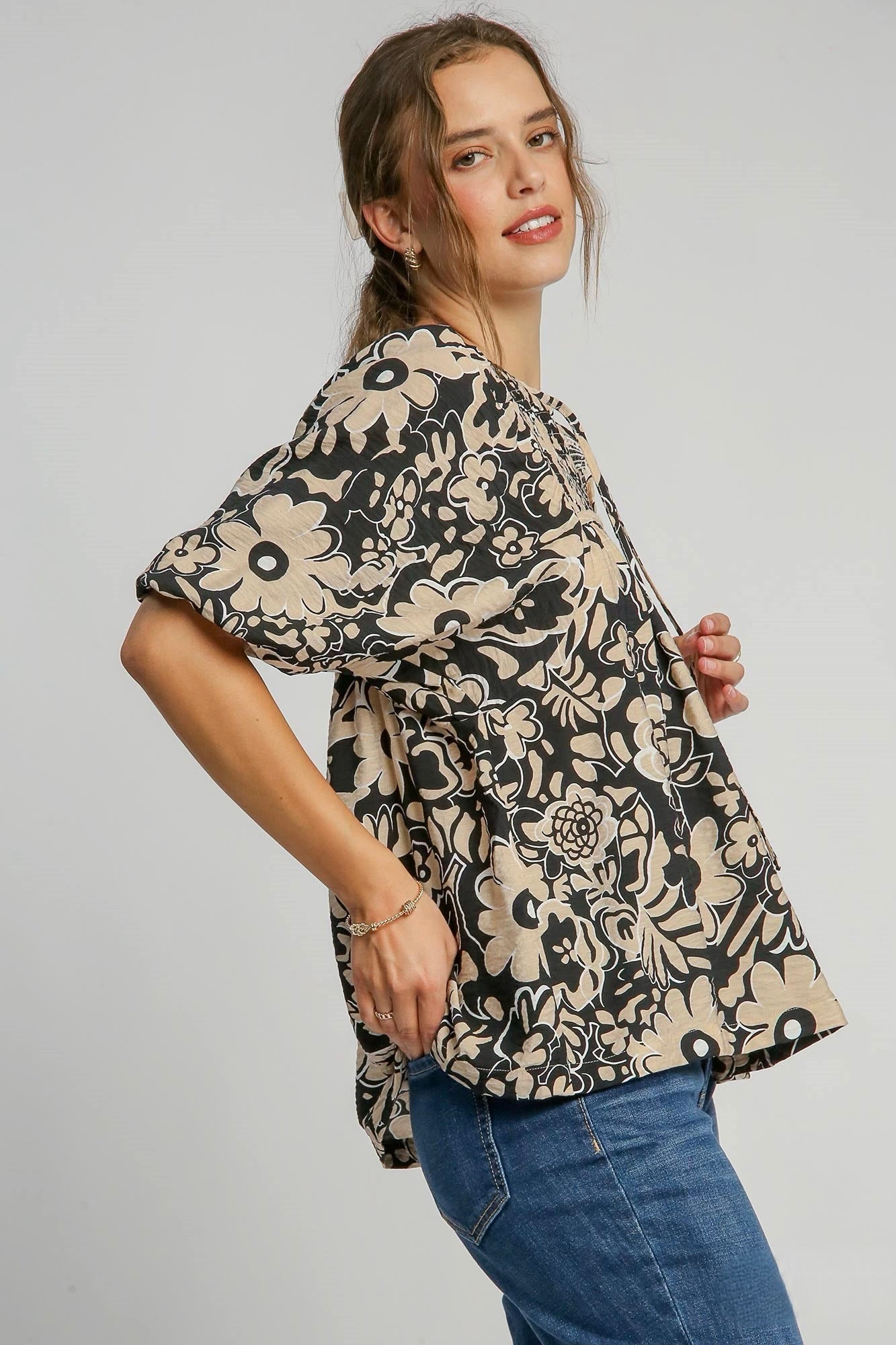 Curvy Floral Print Smocked Top