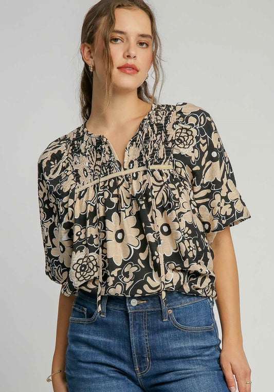 Curvy Floral Print Smocked Top