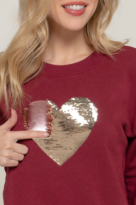 Sequin Heart Sweatshirt in Dk. Wine