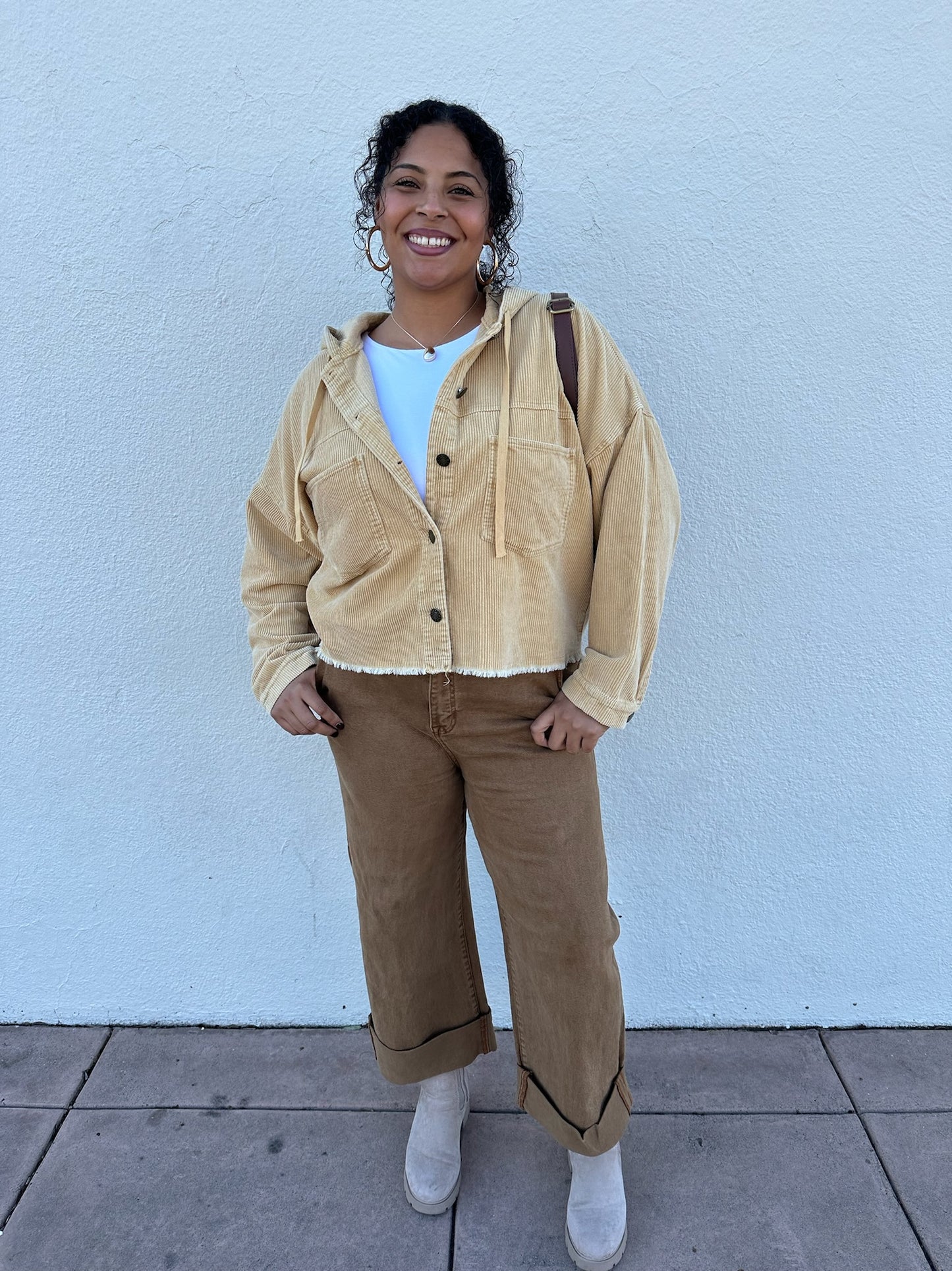 Curvy Corduroy Hoodie in Yellow/Taupe