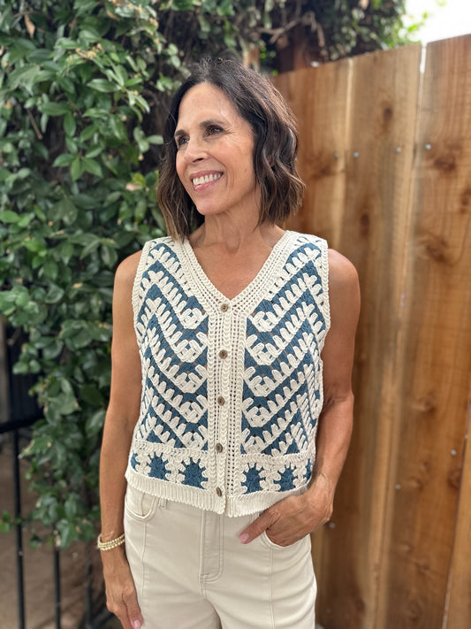Blue/Cream Button Down Crochet Vest