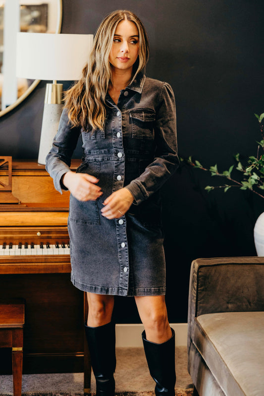 The Mae in Vintage Blash Wash Denim Dress