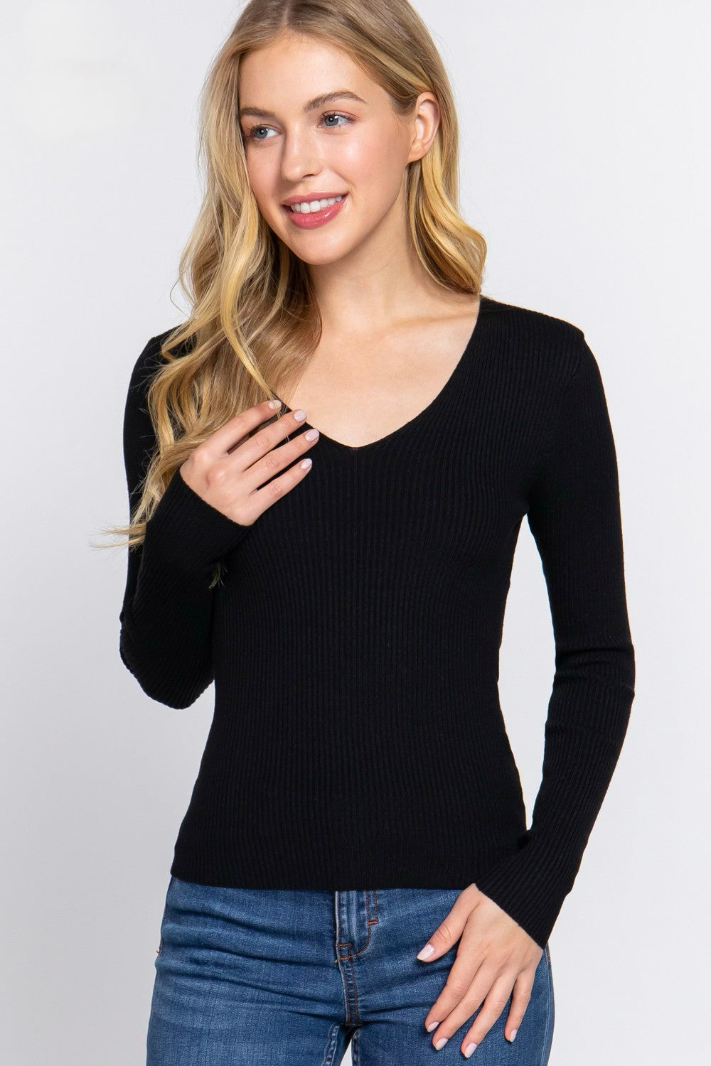 Curvy Long Sleeve V-Neck Ribbed Sweater