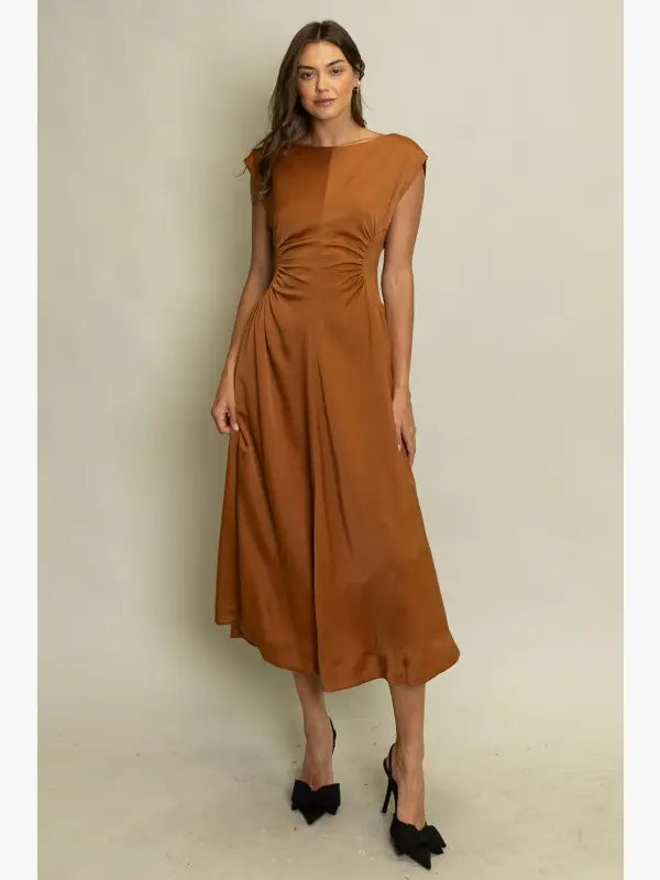Satin Ruched Waist Midi Dress in Terracotta