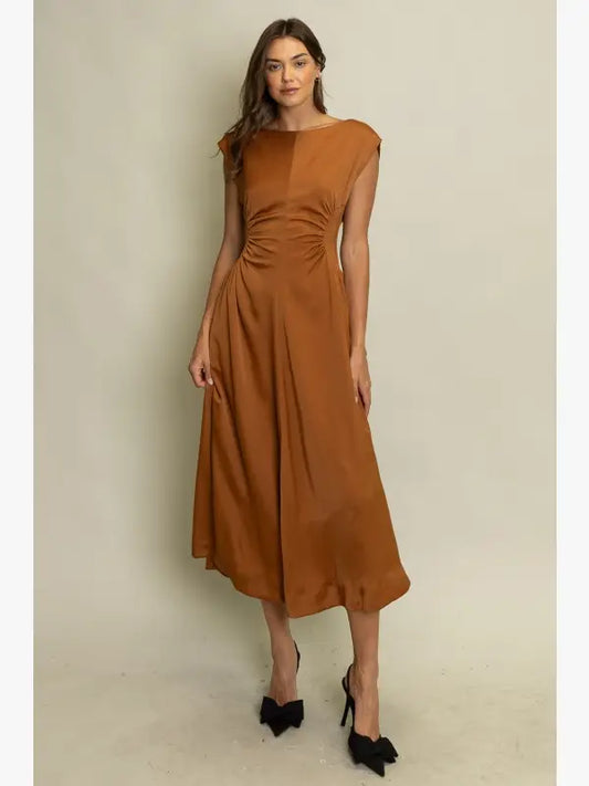 Satin Ruched Waist Midi Dress in Terracotta