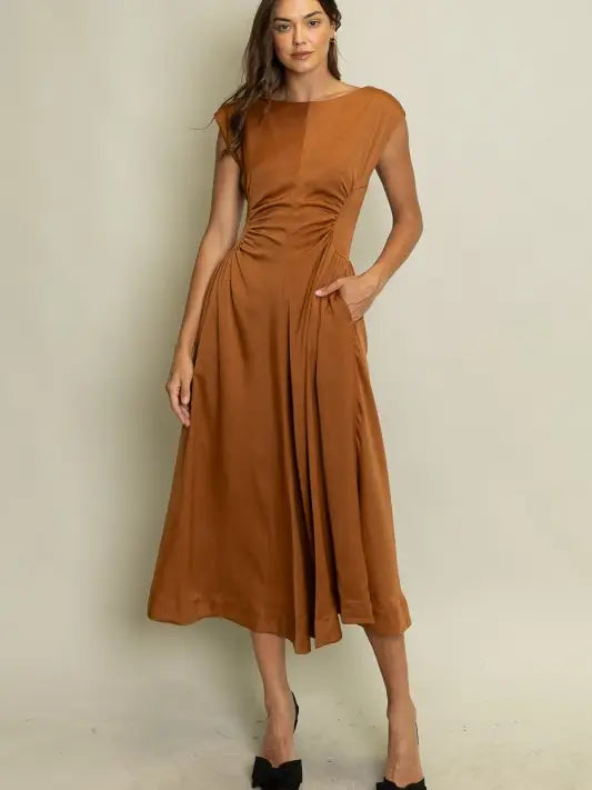 Satin Ruched Waist Midi Dress in Terracotta
