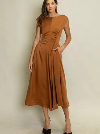 Satin Ruched Waist Midi Dress in Terracotta