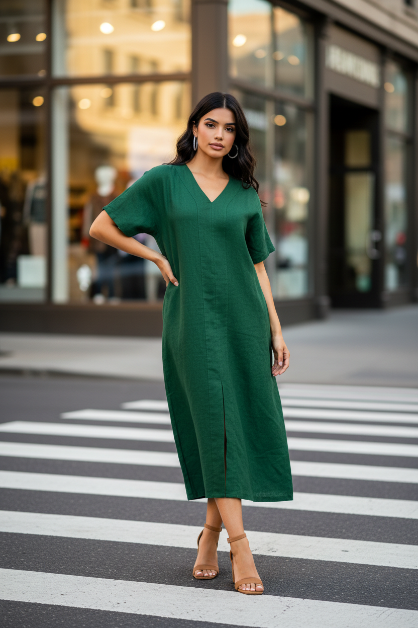 100% Linen Tracy Dress in Hunter