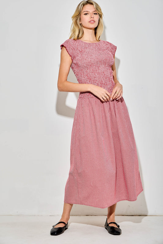 Gingham Smock Midi Dress in Red