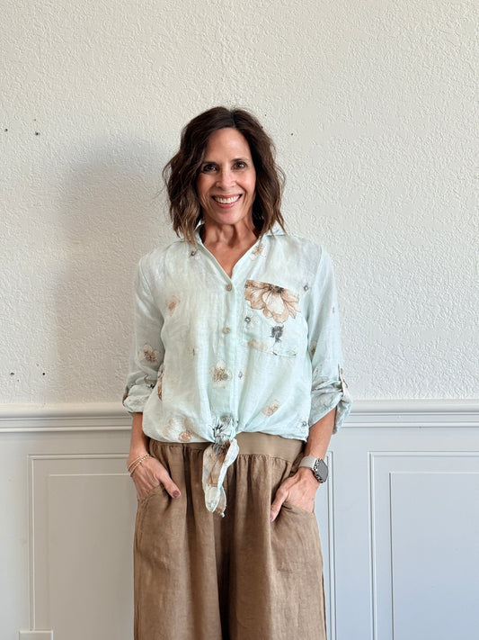 Garden Floral Print Linen Shirt in Aqua Blue