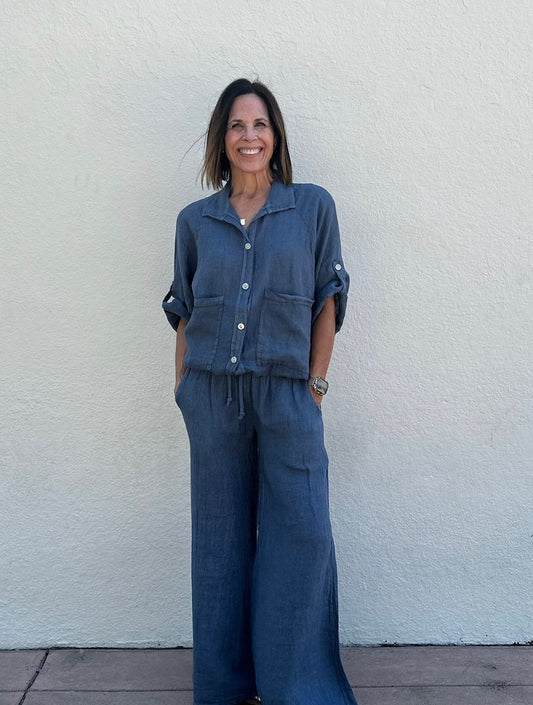 Linen Button Up Hoodie in Slate Blue