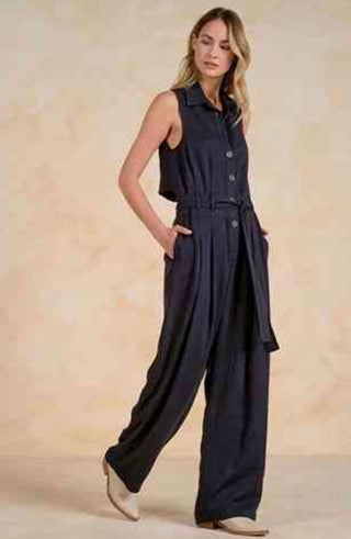 Elan: Dark Wash Denim Sleeveless Wide Leg Jumpsuit