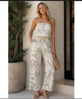 Linen Floral Print Tube Jumpsuit with Pockets in Khaki