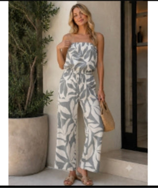 Linen Floral Print Tube Jumpsuit with Pockets in Sage
