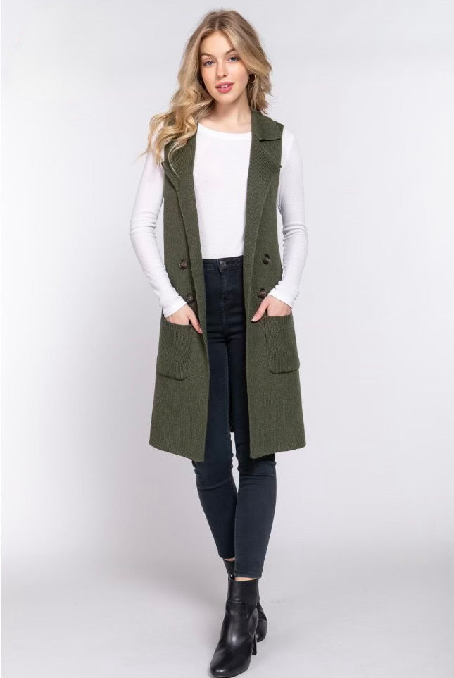 Curvy Sleeveless Notched Collar Vest in Olive