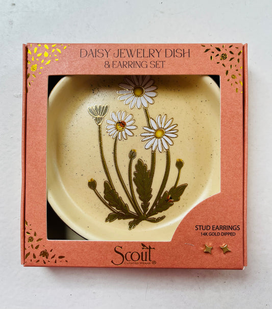 Jewelry Dish and Stud Earrings Set - Daisy/Vanilla