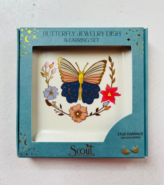 Jewelry Dish and Stud Earrings Set - Butterfly/Cream