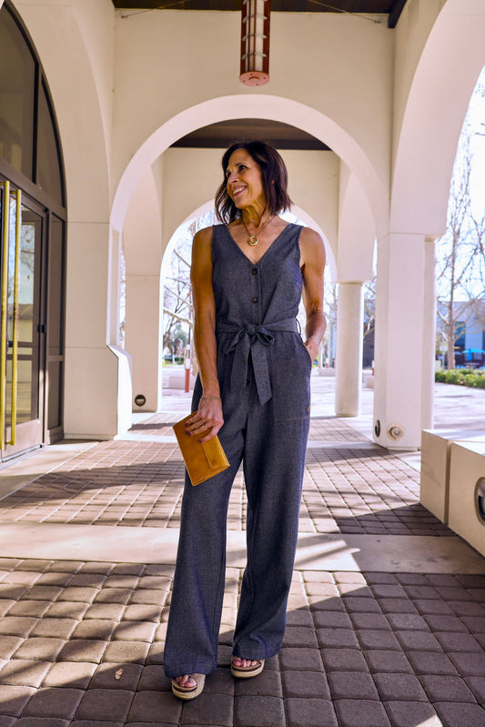 Linen Blend Bleu Marine Jumpsuit