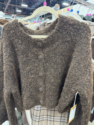 Fuzzy Knit Button-Down Boxy Cardigan in Chocolate