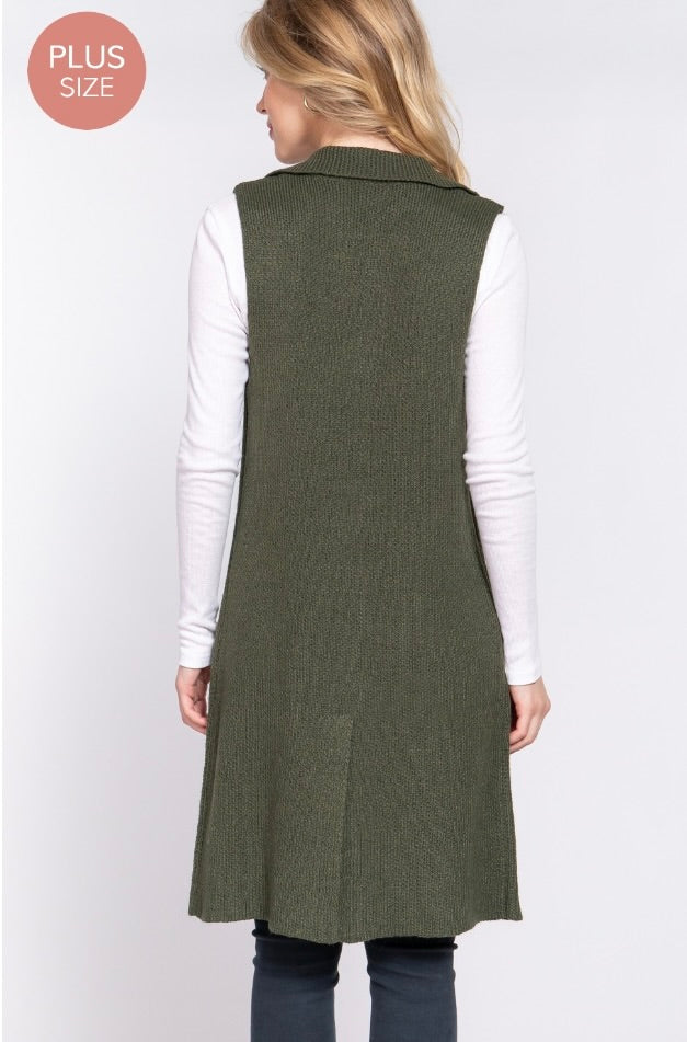 Curvy Sleeveless Notched Collar Vest in Olive