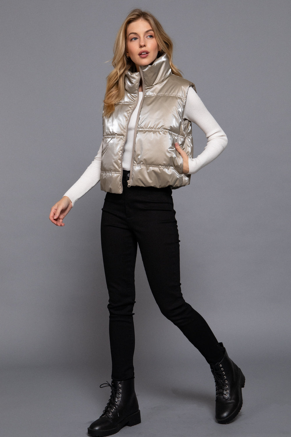 Shiny Woven High Neck Vest in Taupe