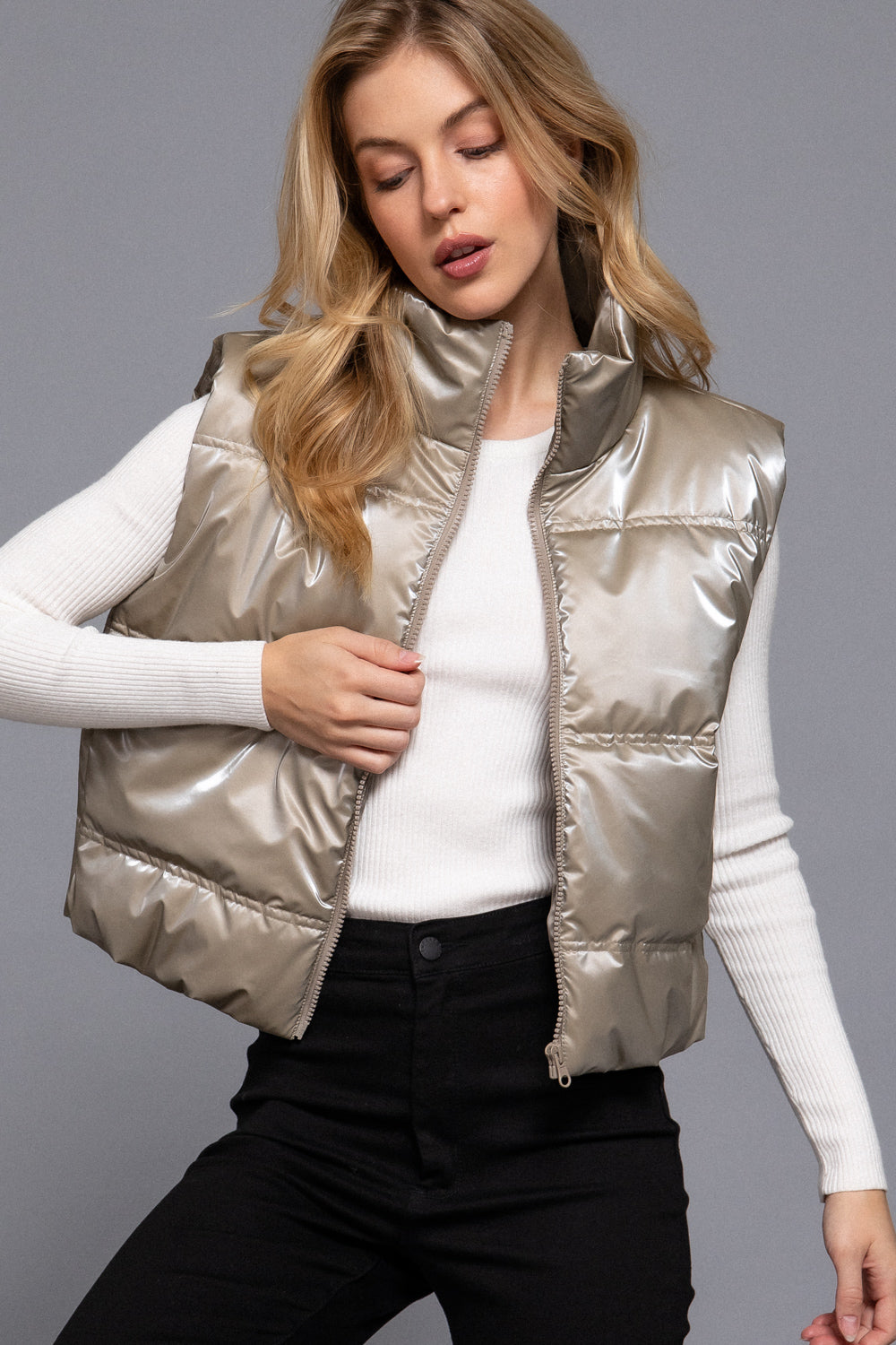 Shiny Woven High Neck Vest in Taupe