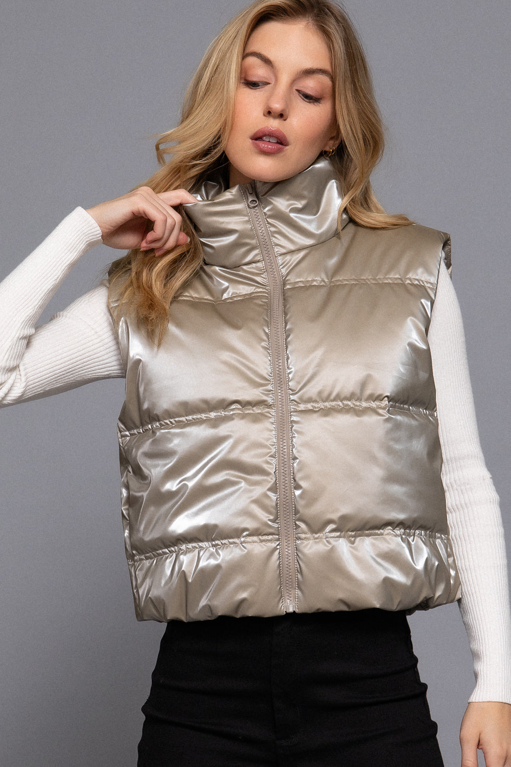 Shiny Woven High Neck Vest in Taupe