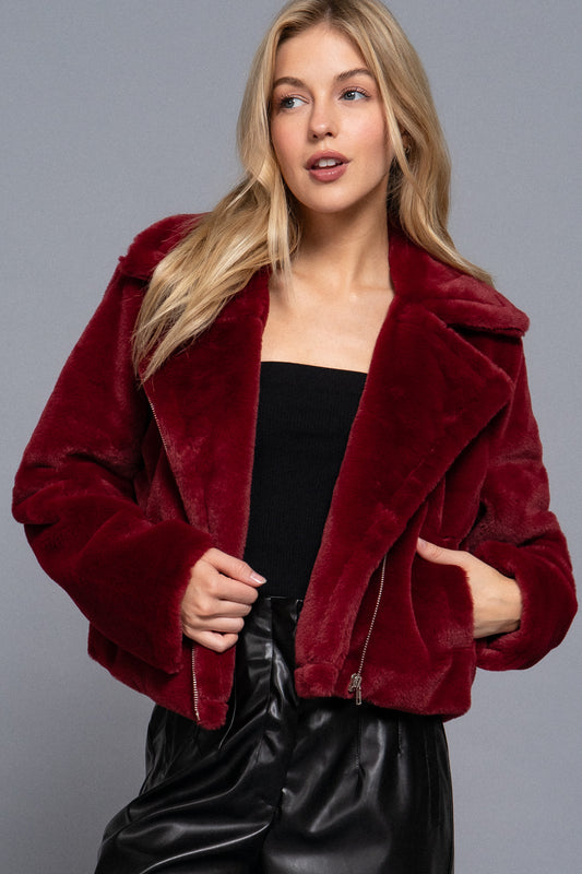 Faux Fur Teddy Jacket in Wine