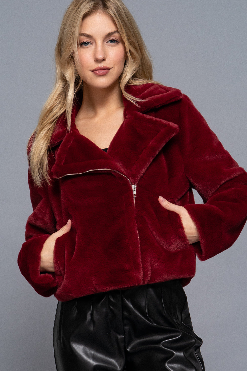 Faux Fur Teddy Jacket in Wine