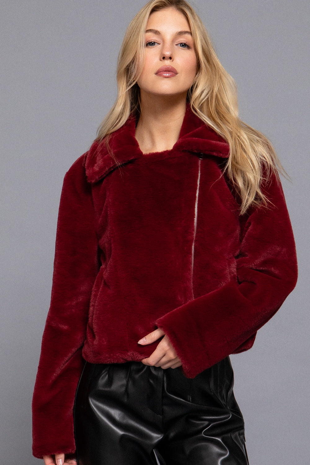 Faux Fur Teddy Jacket in Wine