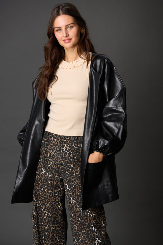 Faux Leather Billowy Sleeve Jacket in Black