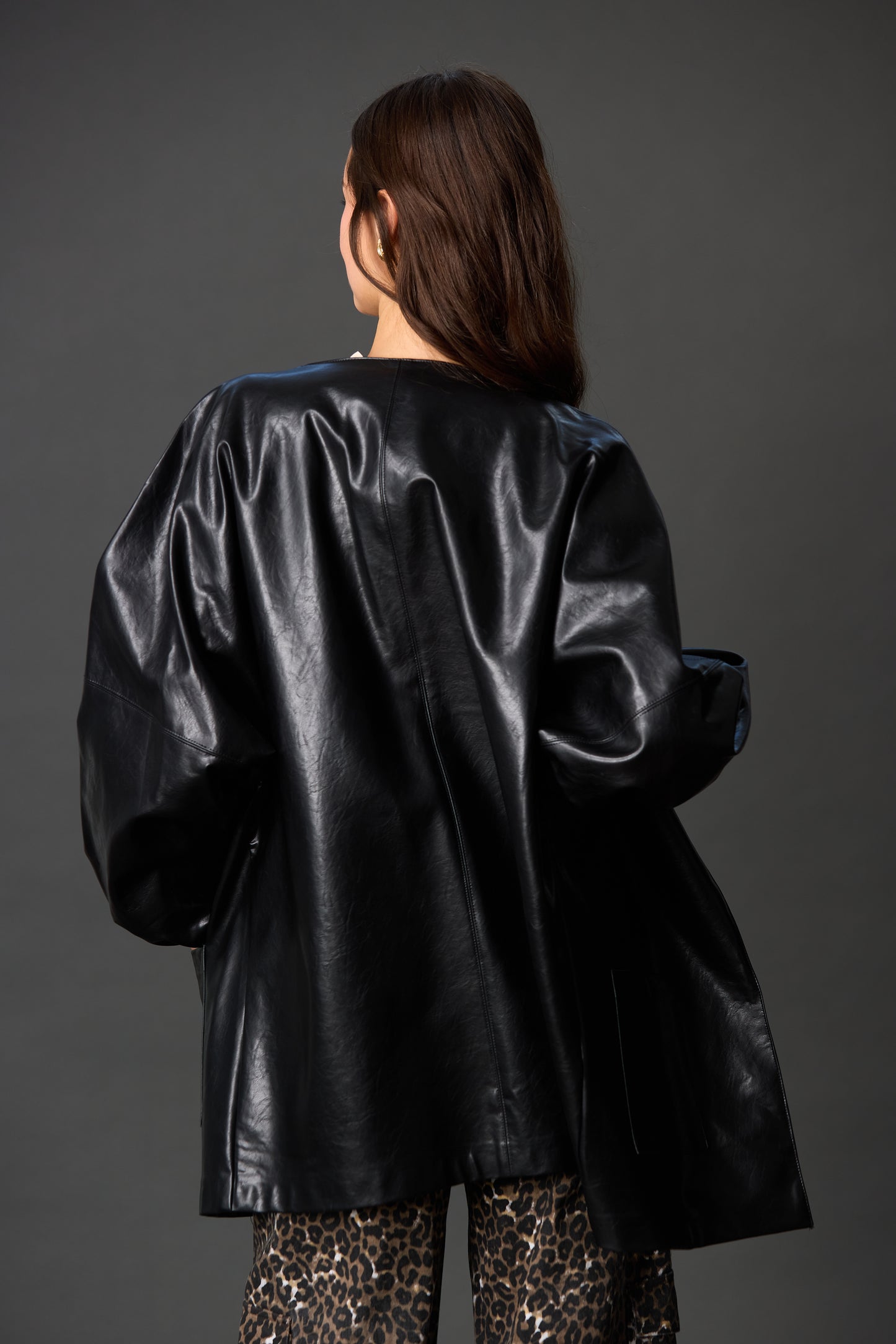 Faux Leather Billowy Sleeve Jacket in Black