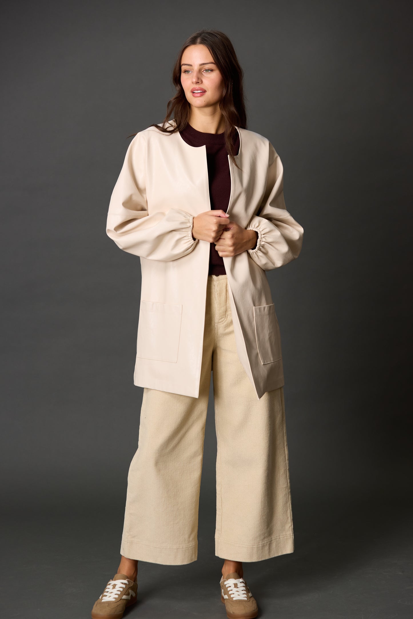 Faux Leather Billowy Sleeve Jacket in Cream