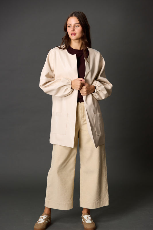 Faux Leather Billowy Sleeve Jacket in Cream